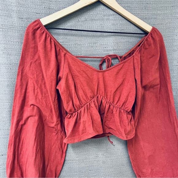 Altar’d State Blush Long Peasant Puff Sleeve Crop top with Tie Back Size Small - Picture 2 of 4